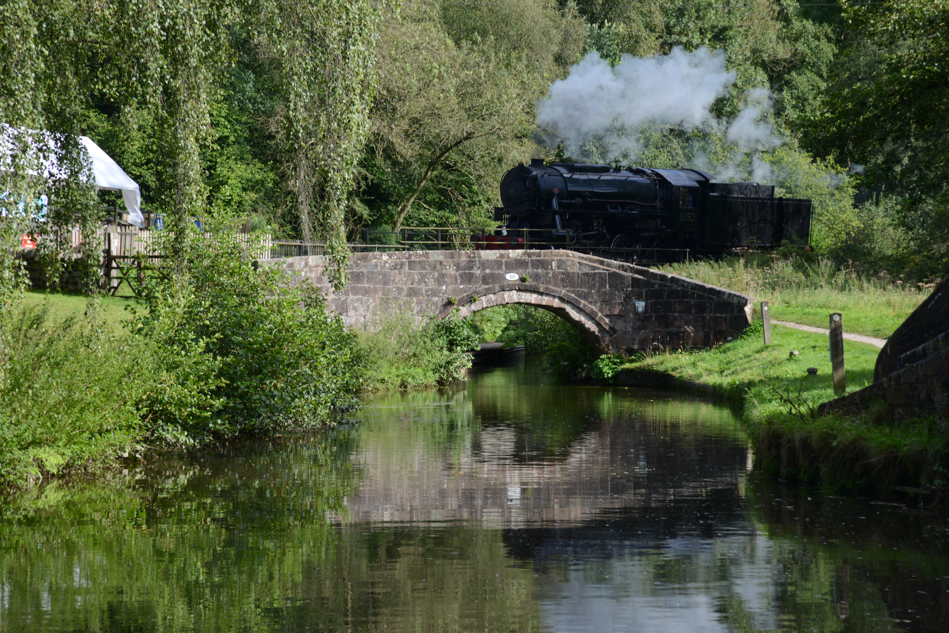 A train passes over bridge 50 on the canal canal amongst beautiful scenery.