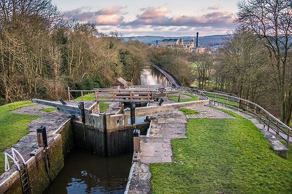 A view from the top of the Bingley Five Rise which are staircase locks on the Leeds and liverpool canal