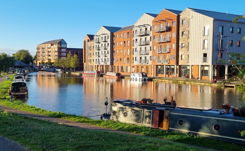 View of a narrowboat on the Shropshire Union Canal from the viewpoint of the Chester City Walls